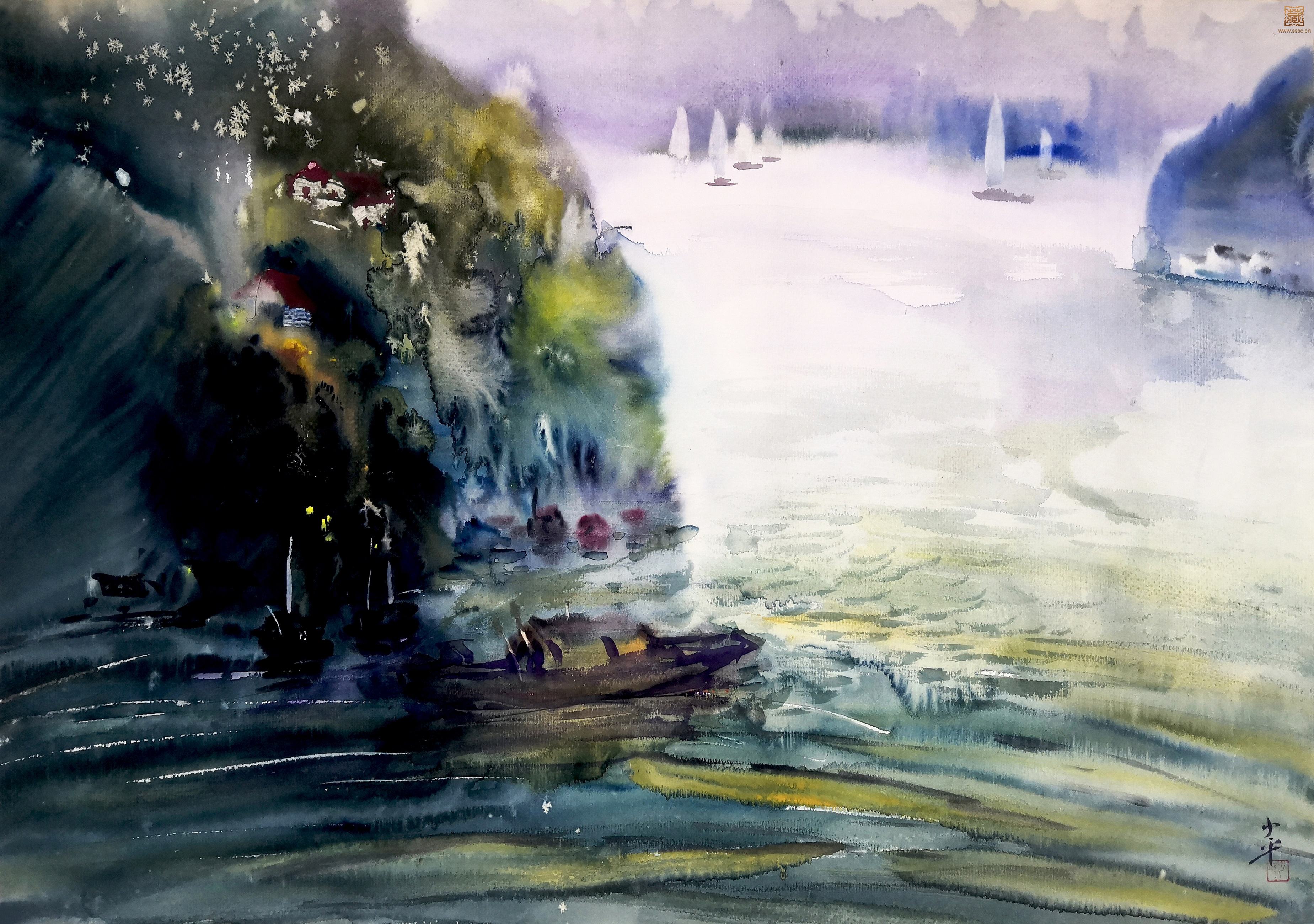 243  陈少平《激流不息》水彩  53.5×75.5cm  约1990年代.jpg