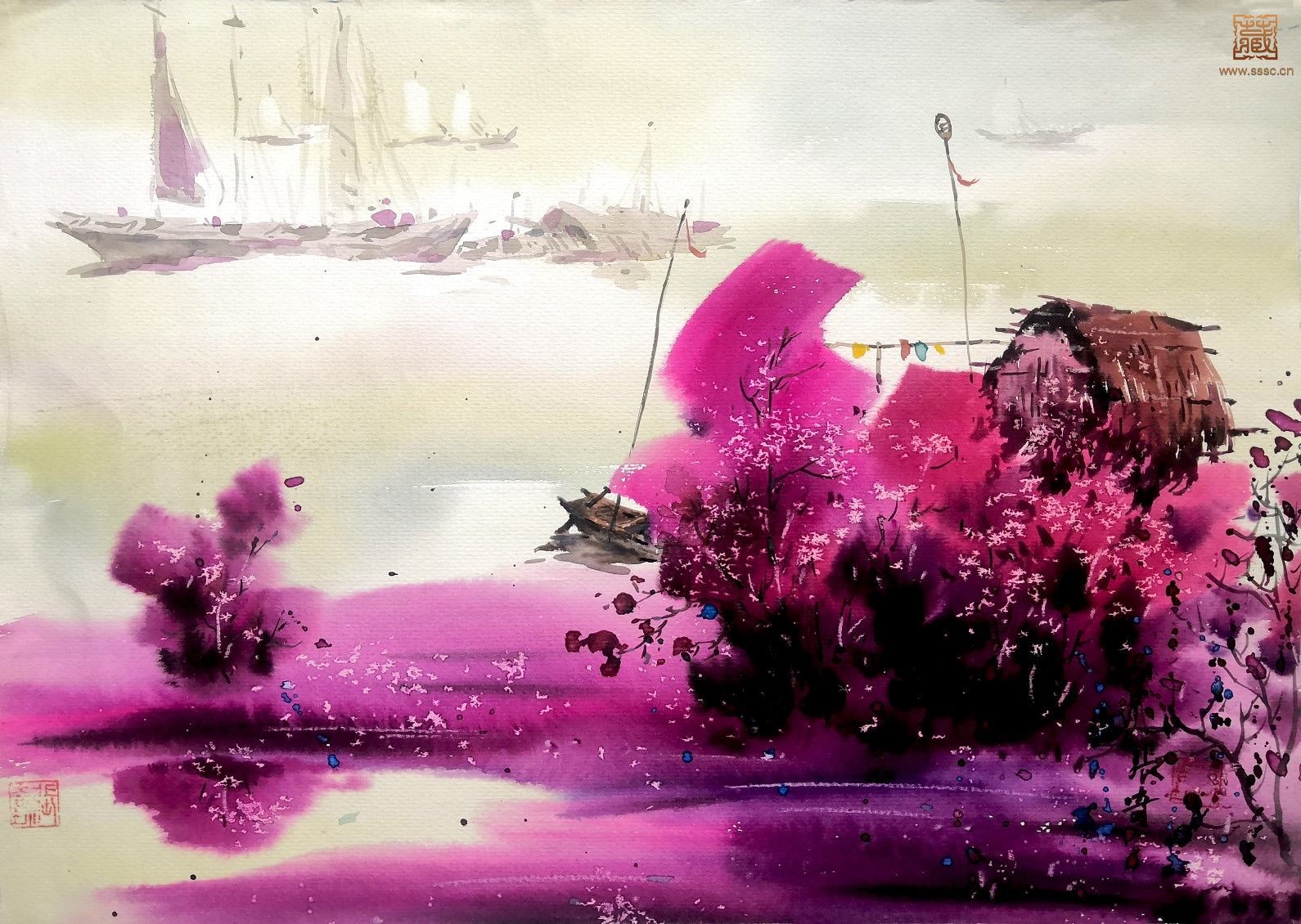 286  张奇《富春江畔》水彩  38×53cm  1990年代.jpg