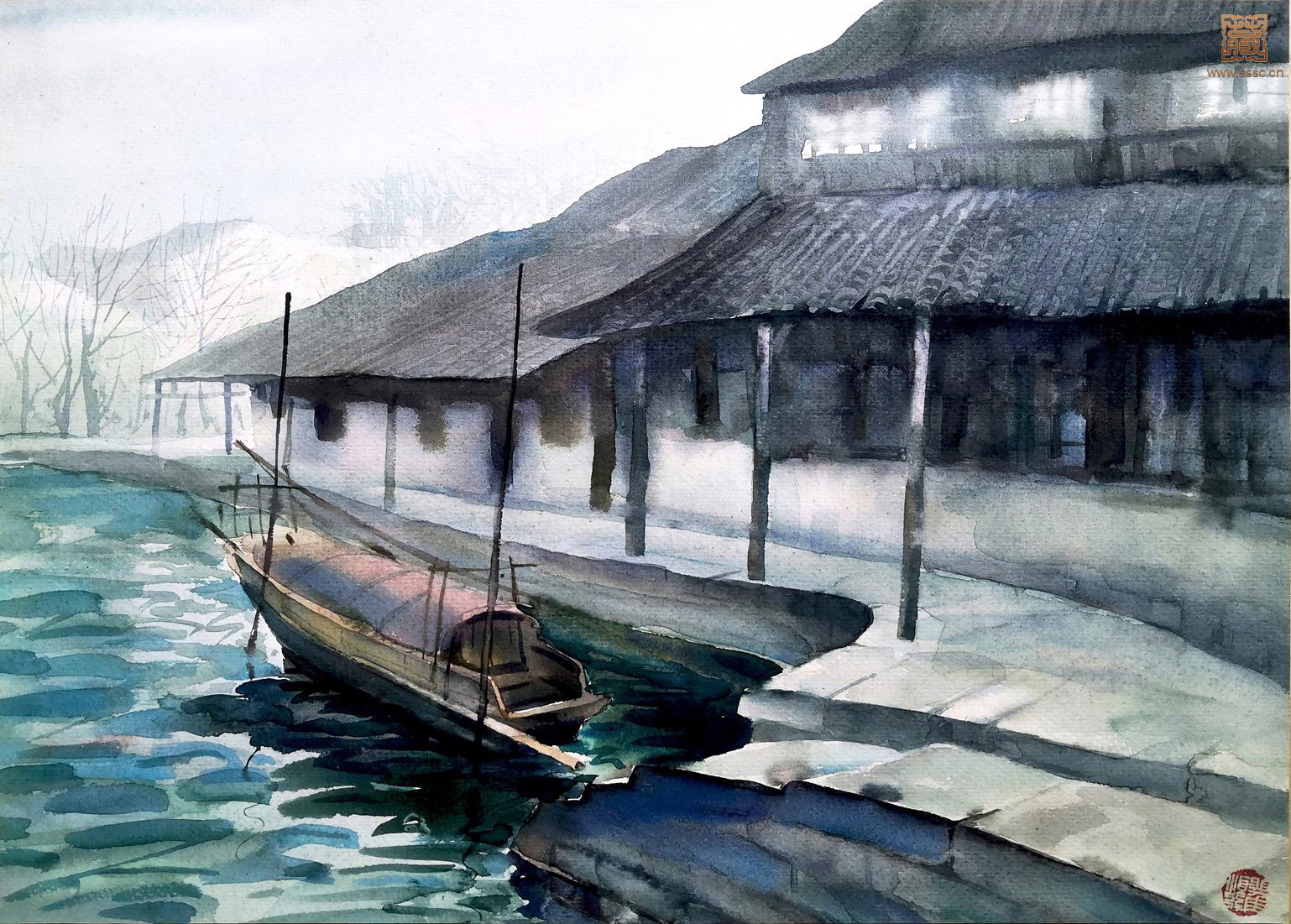 275  瞿顺发《水乡之晨》水彩  36.5×51cm  1990年代.jpg