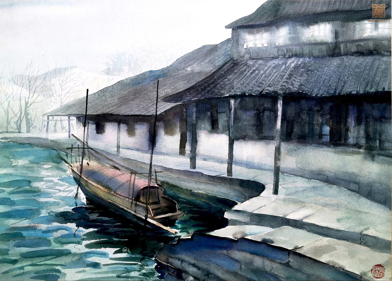 275  瞿顺发《水乡之晨》水彩  36.5×51cm  1990年代.jpg