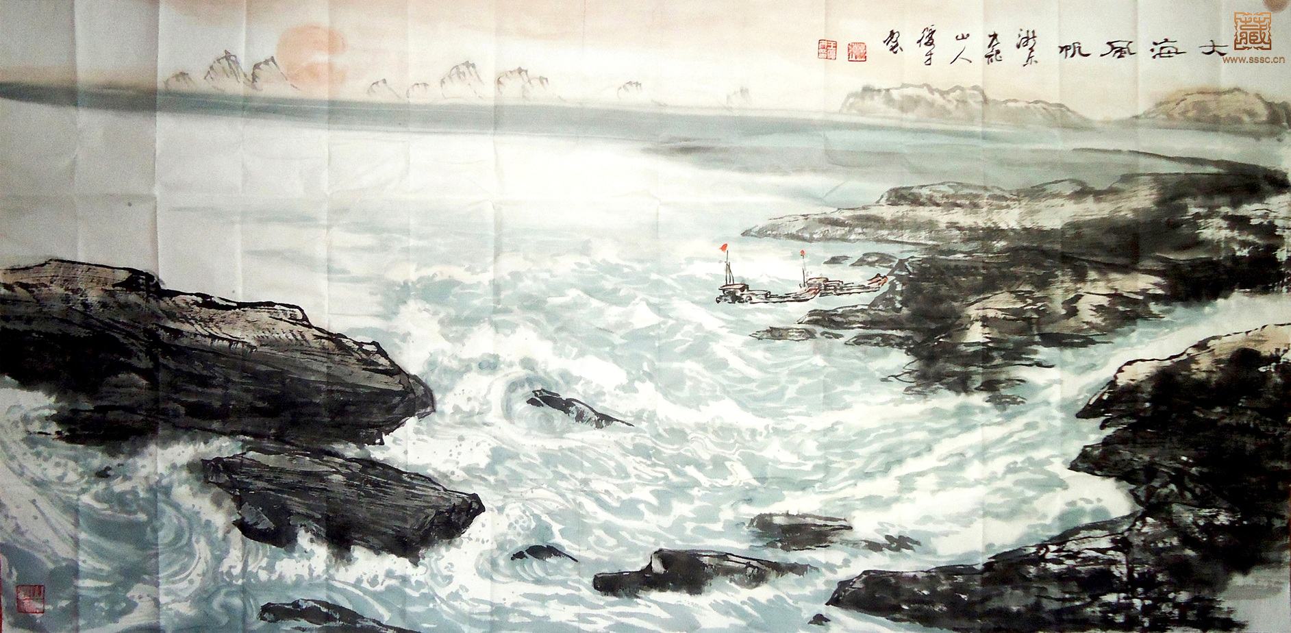 99  王复才《大海风帆》 水墨 68×136cm.JPG