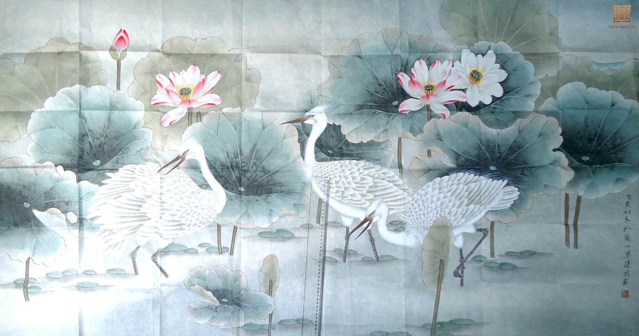 98   莫建成《荷鹤同辉》 中国画  93×192cm   2007年.JPG