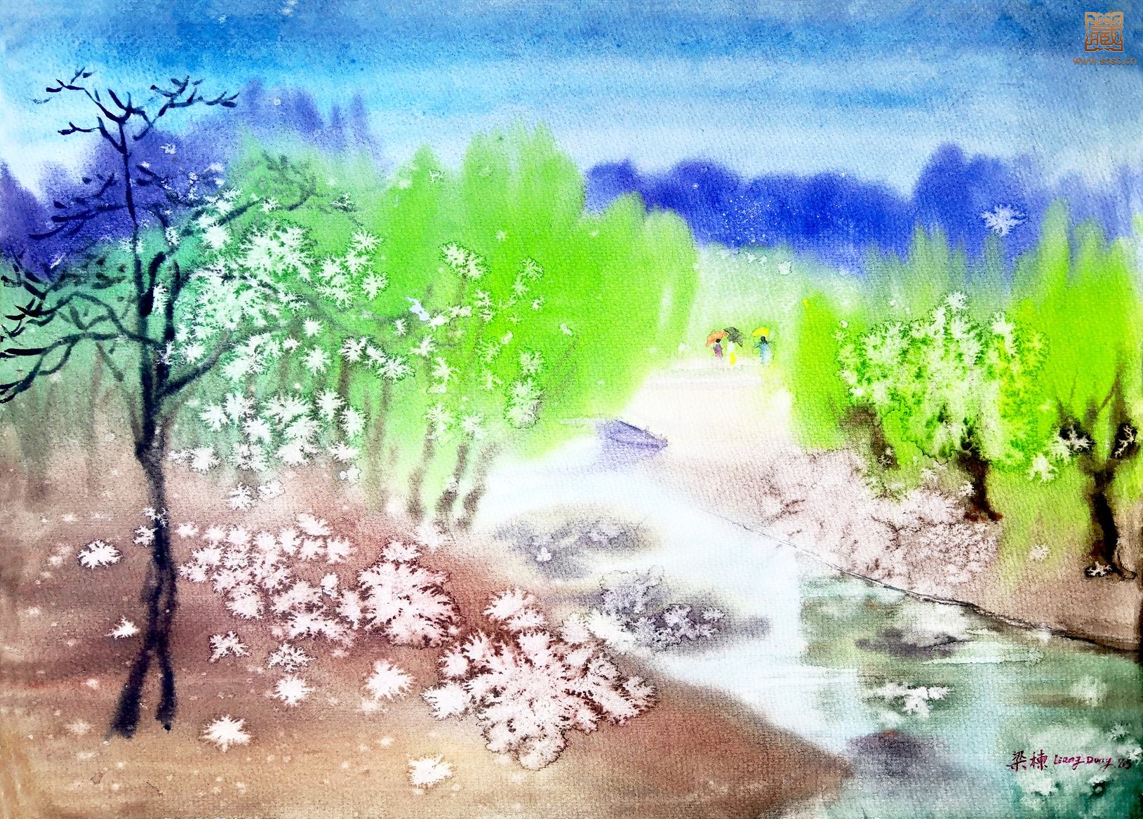 110  梁栋《花香柳绿》水彩 39.5×54cm  1985年.jpg