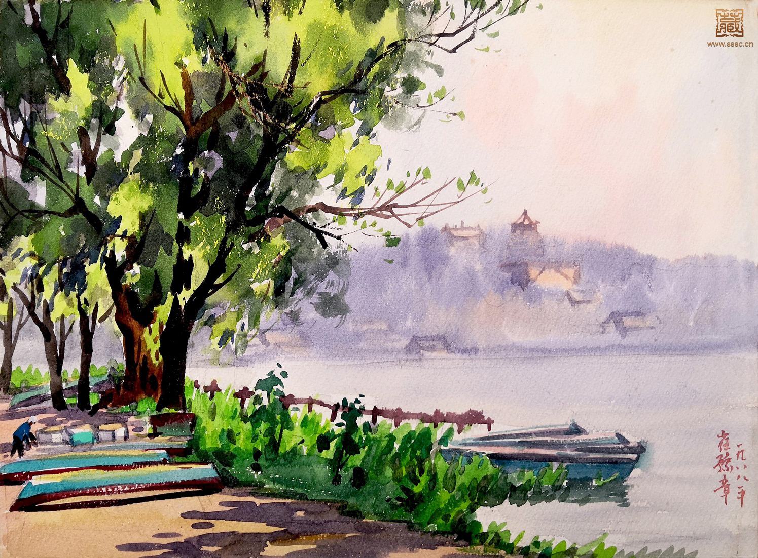 268  崔豫章《雨霁初晴·昆明湖畔》水彩  32×44cm  1988年.jpg