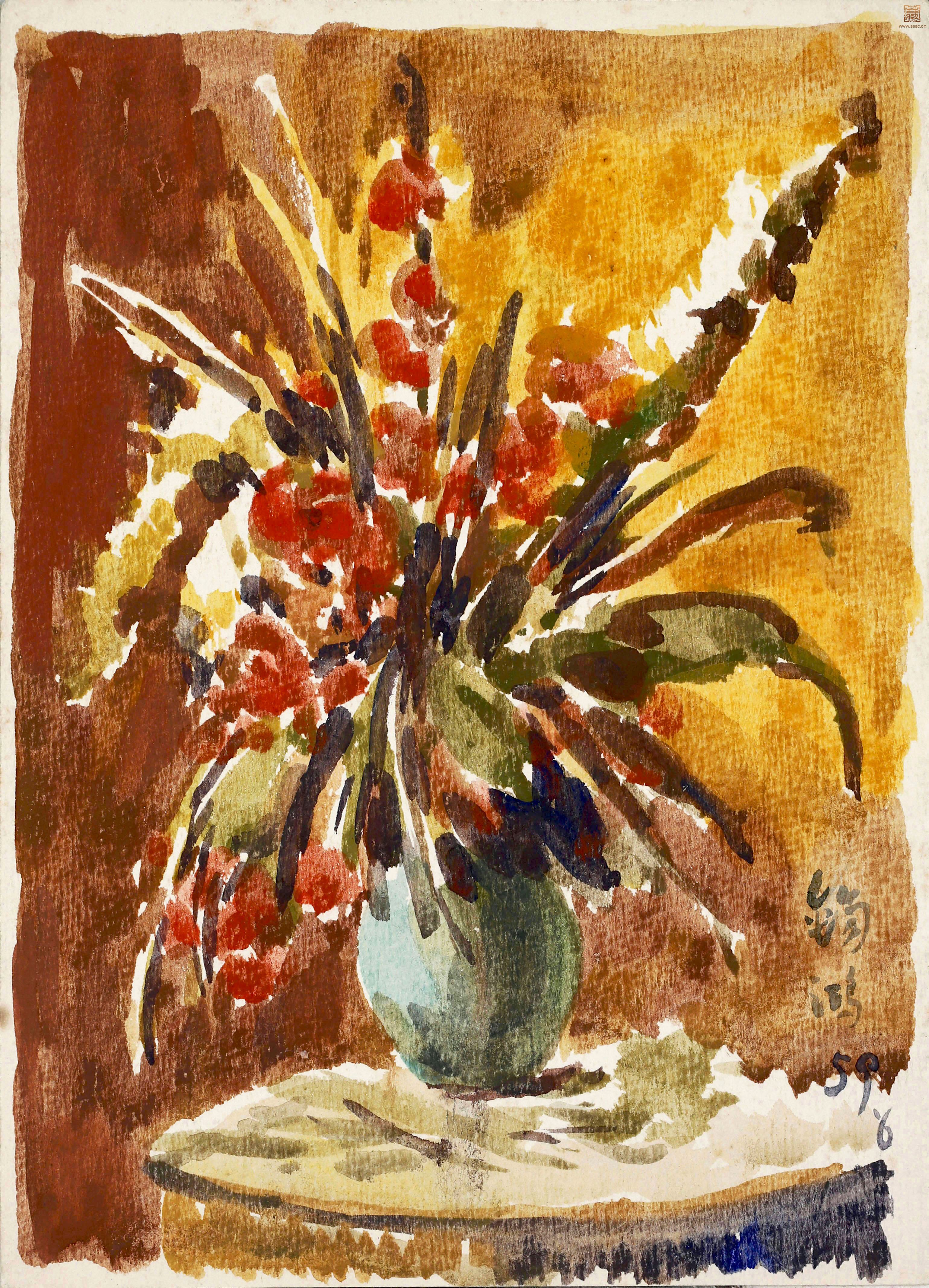 270  梁锡鸿《瓶花》水彩  18×13cm   1959年.JPG