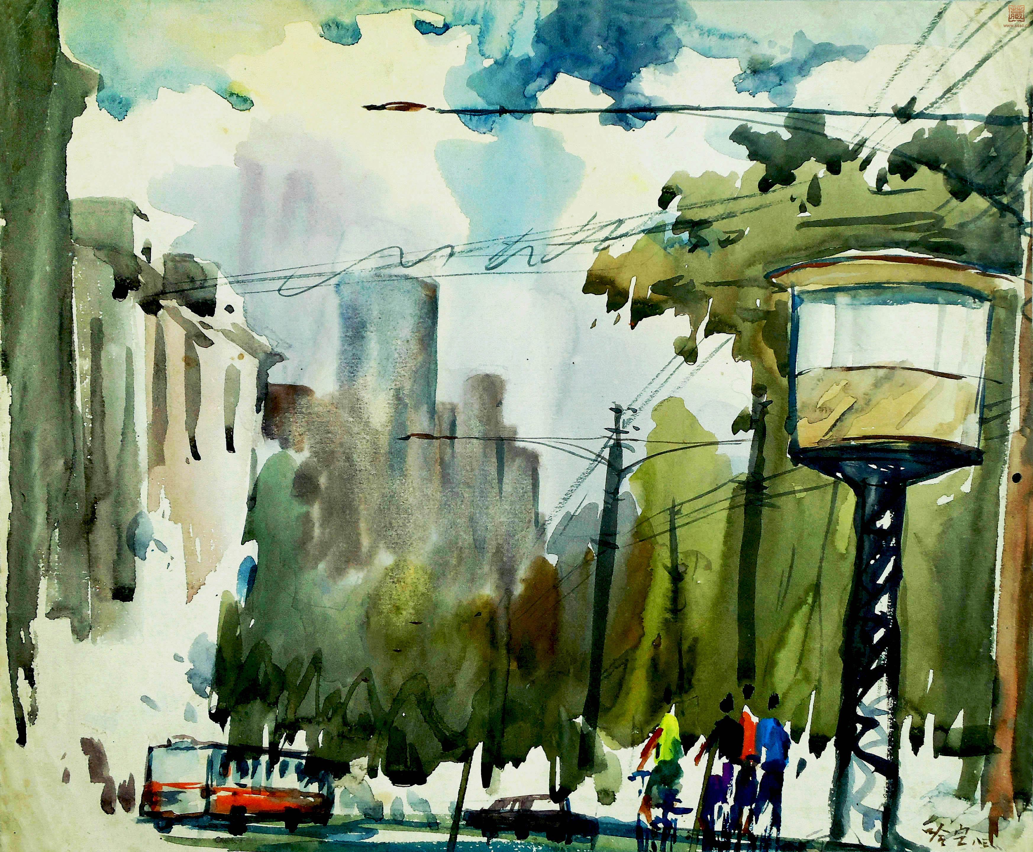 35  哈定《外滩·警察岗亭》水彩30×36cm 1983年.JPG