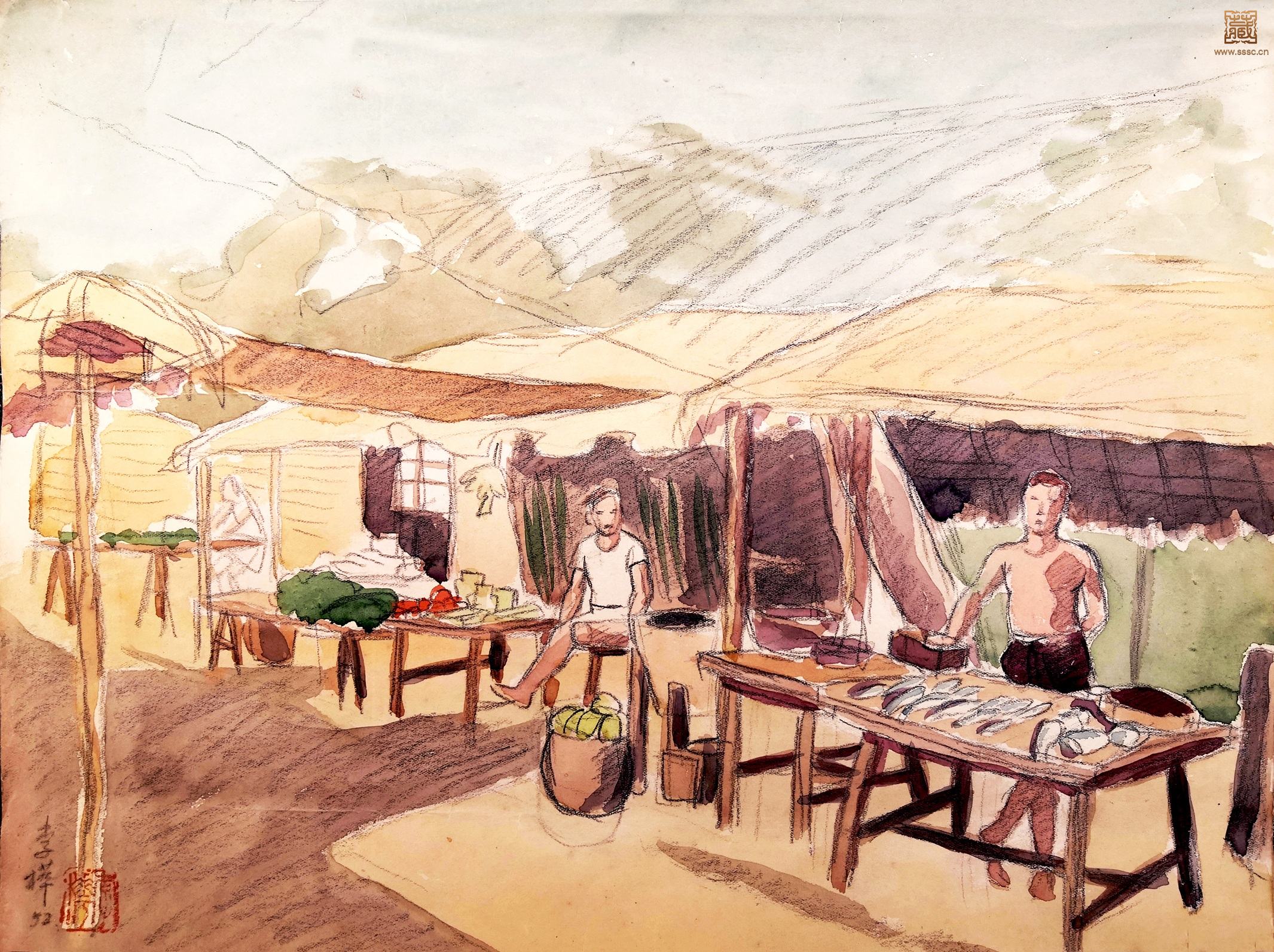 67  李桦《集市》铅笔水彩 28×38cm  1952年.jpg