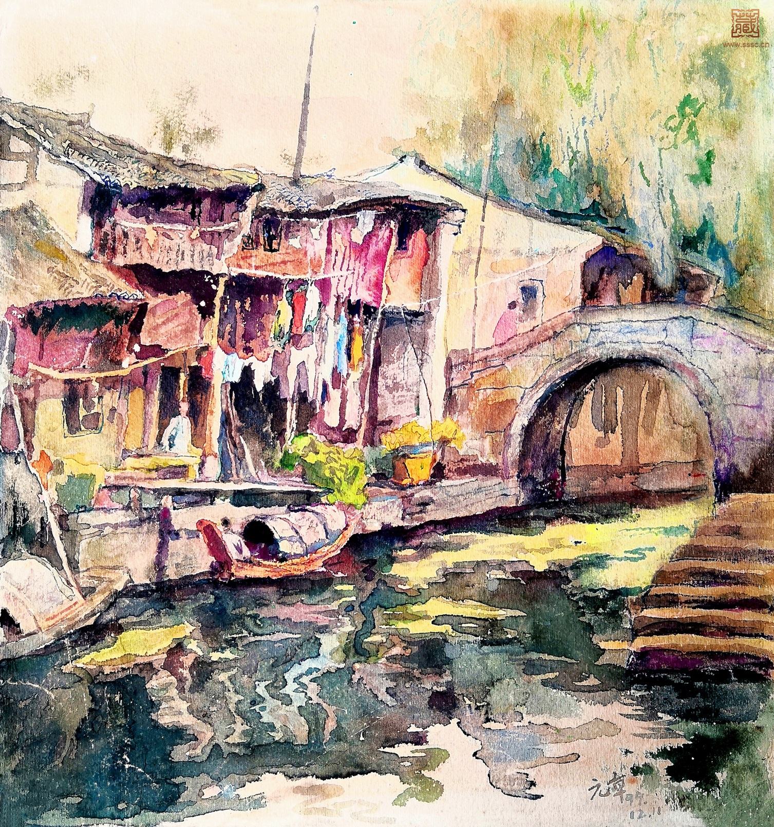 156  徐元章《水乡人家》水彩 38.5×35.5cm 1999年.jpg