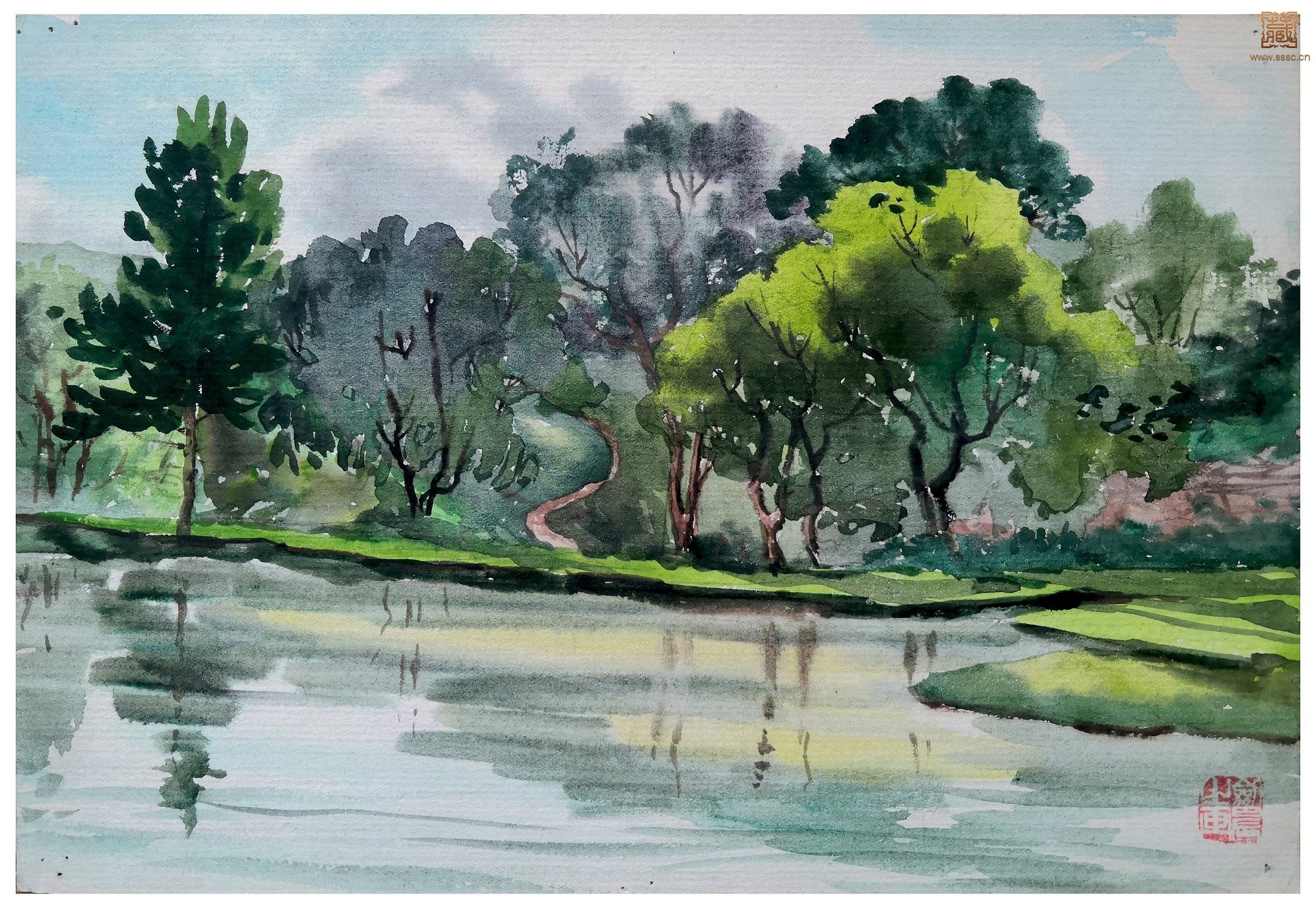 155  李剑晨《湖畔倒影》水彩 18.5×27cm  1960-1970年代.jpg