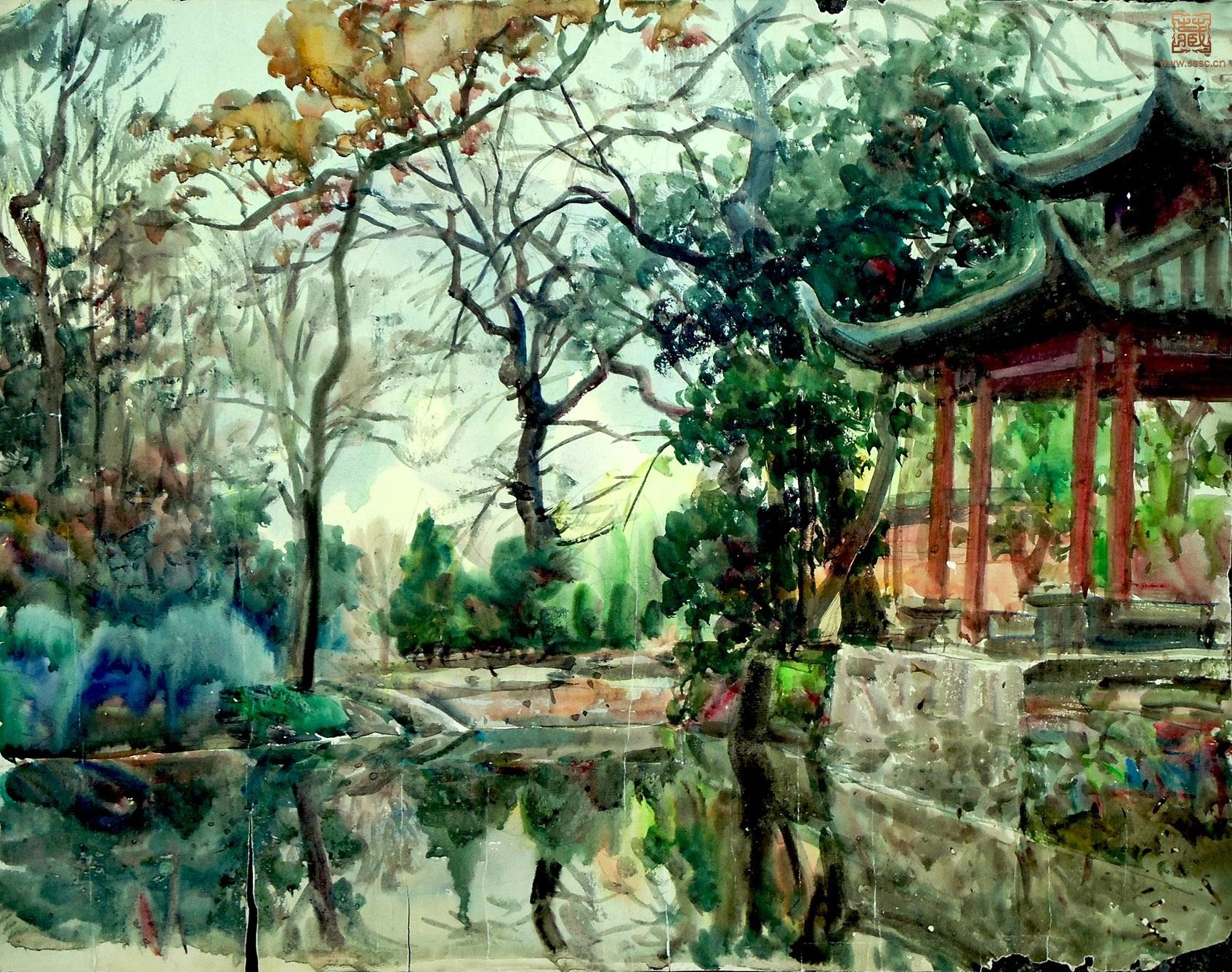 55  张眉孙《 冷泉亭》水彩33.5×42.5cm 约1940年代.JPG